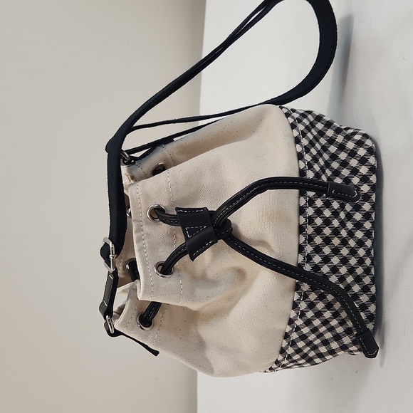 Lands End Cream Black Gingham Small Bucket Bag - Picture 2 of 7